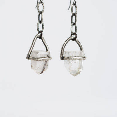 Quartz Crystal Point Earrings with Chain