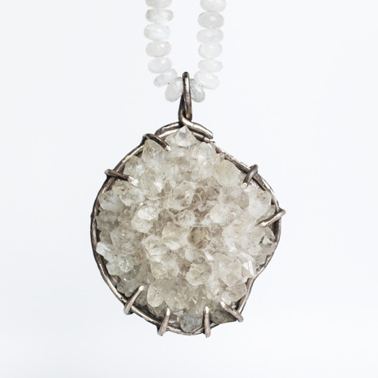 Huge White Amethyst Crystal Power Piece Pendant with Rainbow Moonstone Beads