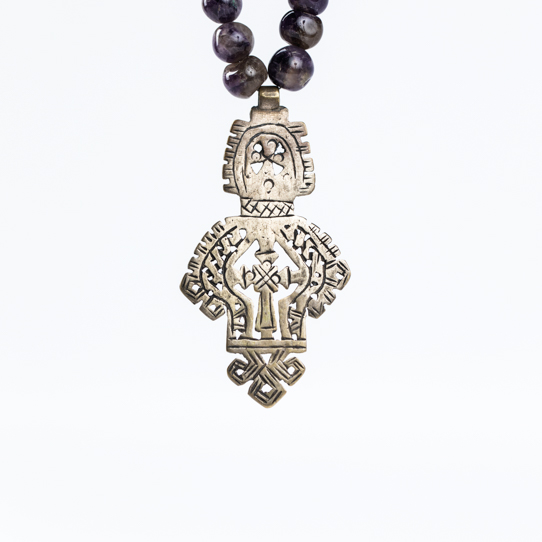 Vintage Ethiopian Power Piece Pendant with Amethyst Beads