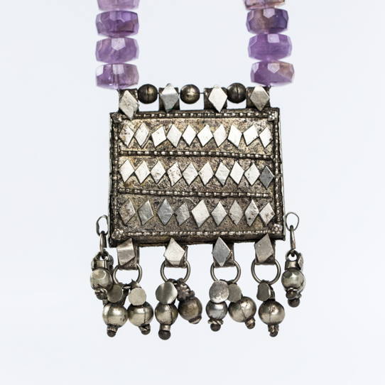 Vintage Ethiopian Power Piece Pendant with Faceted Amethyst Beads