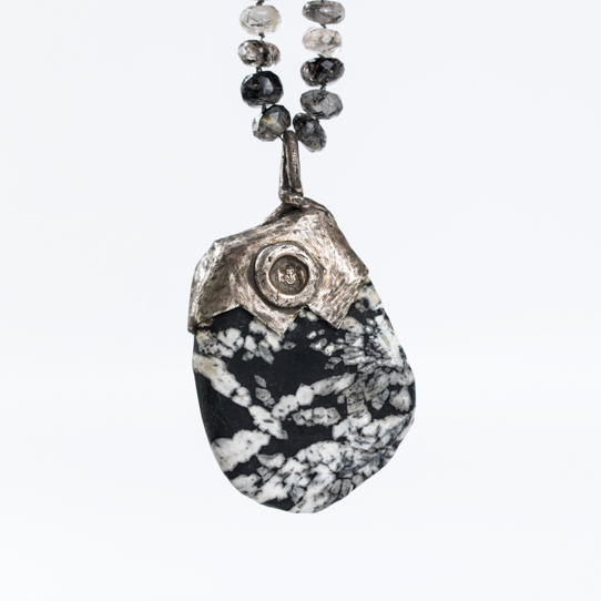 Chrysanthemum Stone Power Piece Pendant with Rutilated Quartz Beads and Ganesh