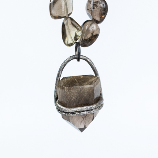 Smokey Rutilated Quartz Power Piece Pendant with Smokey Quartz Beads