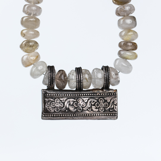 Vintage Rectangular Ethiopian Power Piece Pendant with Agate Beads