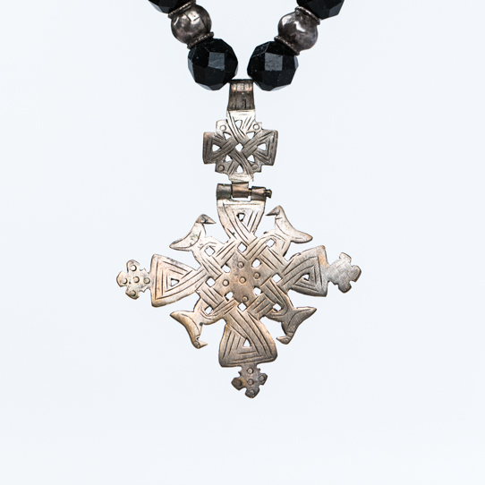Vintage Ethiopian Cross Power Piece Pendant with Black Tourmaline and Silver Beads