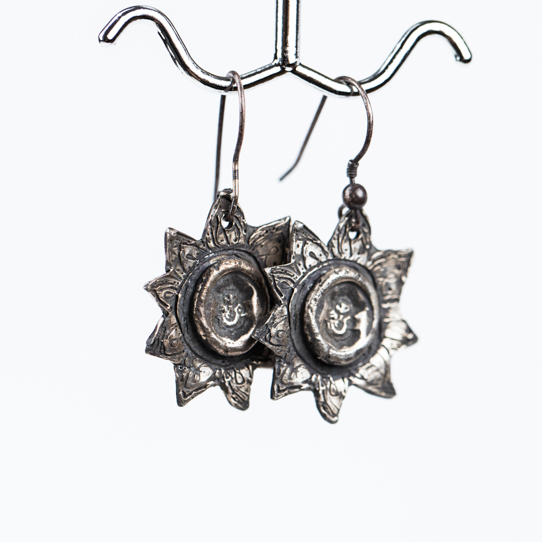 Small Sterling Silver Moroccan Star Power Piece Earrings with Ganesh Emblem