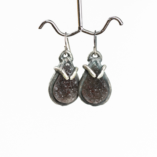 Medium Deep Grey Amethyst Druzy Earrings