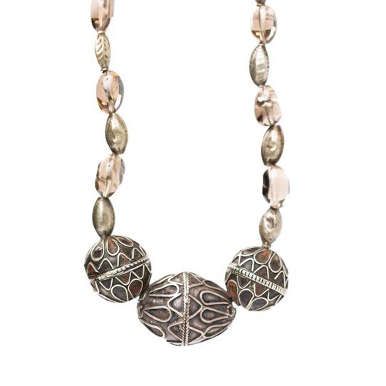 Smokey Quartz Power Piece Necklace With Vintage Sterling Silver Indian Beads