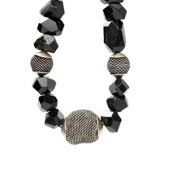 Chunky Black Tourmaline Power Piece Necklace With Vintage Sterling Silver Indian Beads