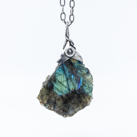 Labradorite Double Sided Power Piece Pendant With Dragon and Ourobouros Emblems