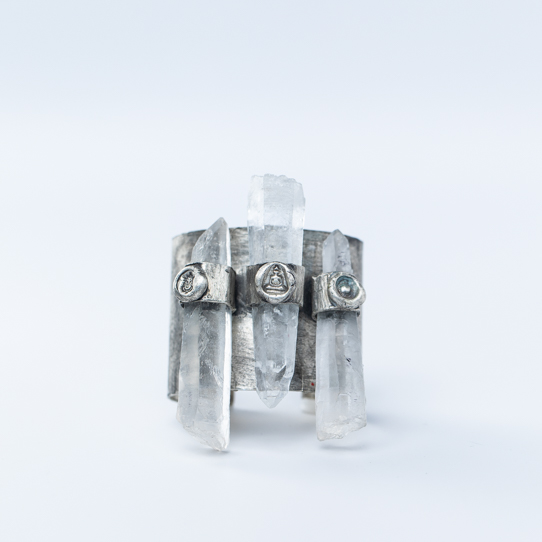 Triple Clear Quartz Power Piece Cuff Bracelet with Ganesh, Buddha and Ourobouros Emblems